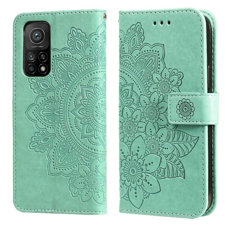 Mint green floral embossed PU leather phone case with flip cover and side strap, dual camera cutout