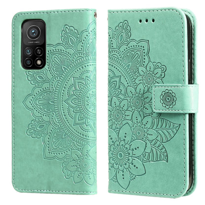 Mint green floral embossed PU leather phone case with flip cover and side strap, dual camera cutout