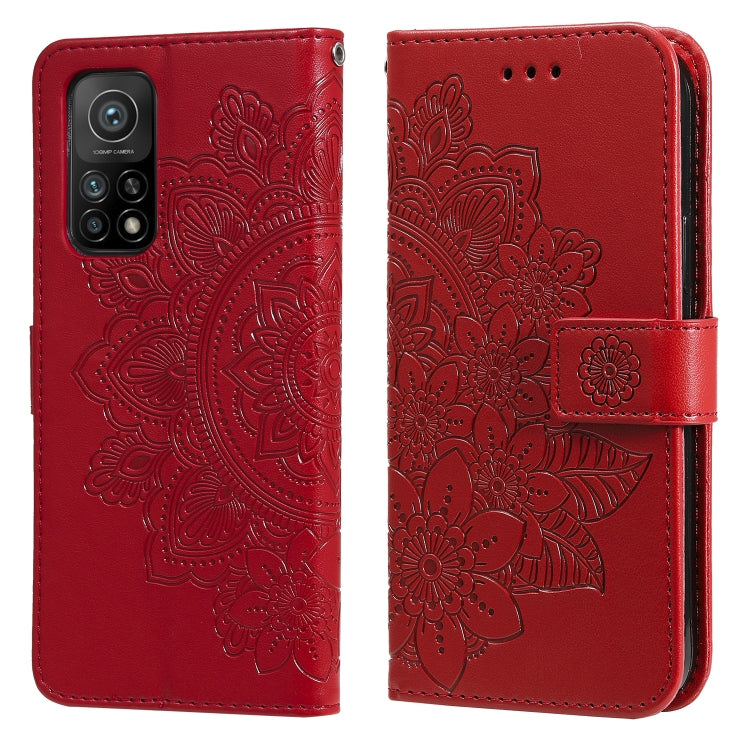 Embossed floral PU leather phone case with flip cover and card slots, red