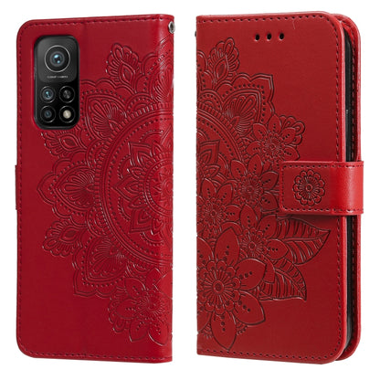 Embossed floral PU leather phone case with flip cover and card slots, red