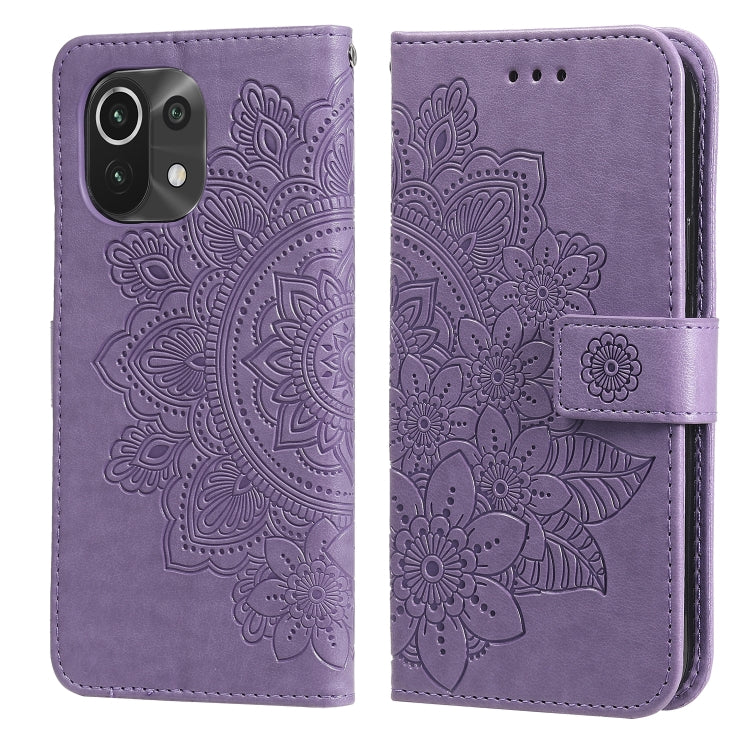 Light purple PU leather flip phone case with embossed 7-petal flowers, card slots