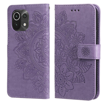 Light purple PU leather flip phone case with embossed 7-petal flowers, card slots