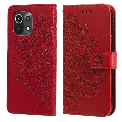Embossed floral PU leather phone case with flip cover and card slots, red