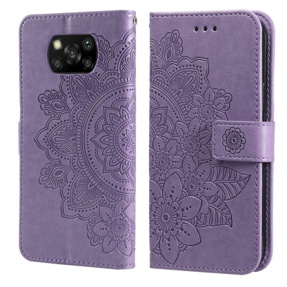 Light purple PU leather flip phone case, 7-petal floral embossing and holder strap