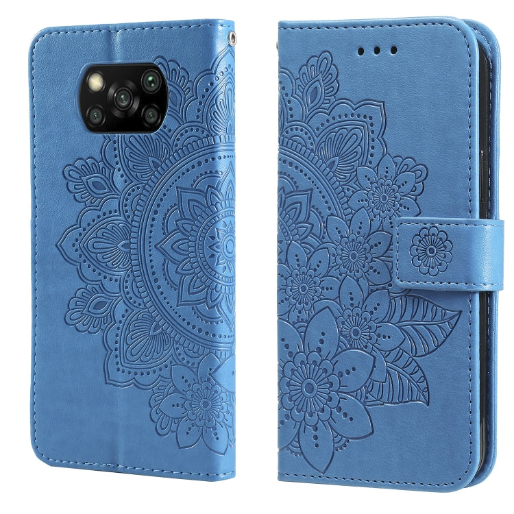 Blue PU leather flip phone case with embossed floral mandala design and card-slot closure