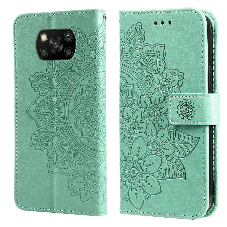 Mint green floral embossed PU leather wallet phone case, flip cover with strap and camera window