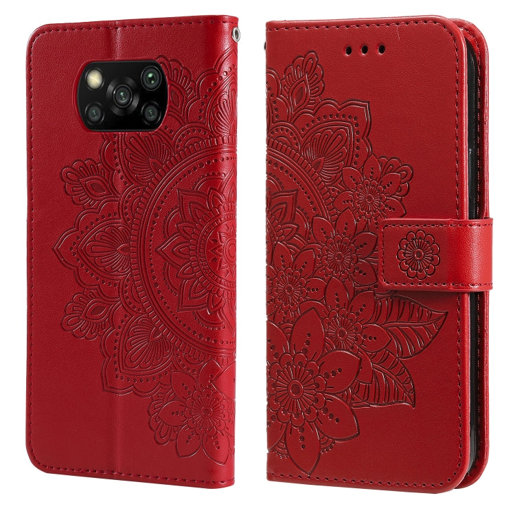 Embossed floral PU leather phone case with flip cover and card slots, red