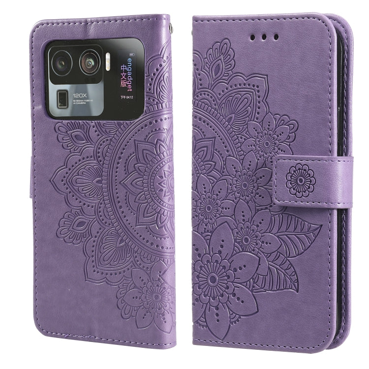 Light purple PU leather flip phone case with 7-petal floral embossing, card slots