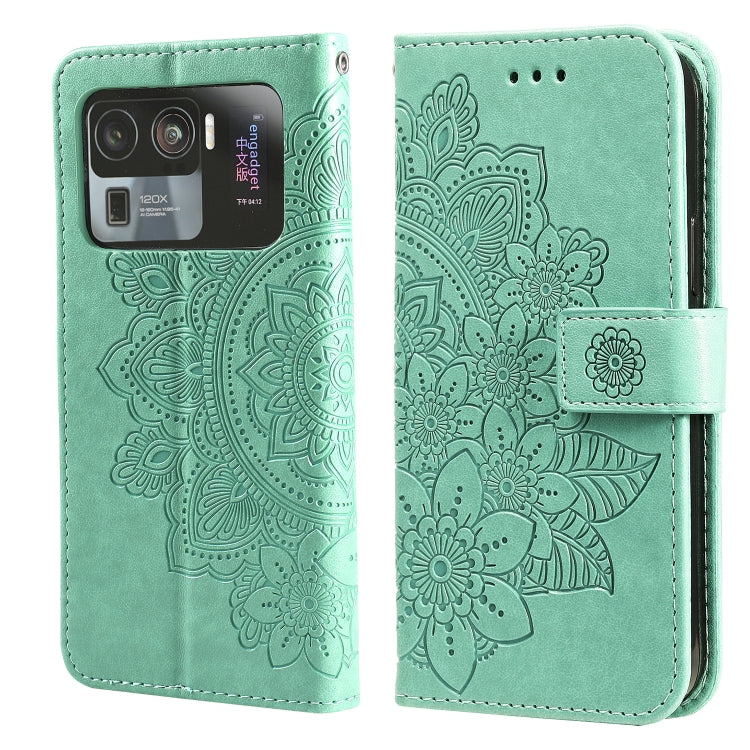 Mint green floral embossed PU leather phone wallet case with flip cover, strap, and camera cutout