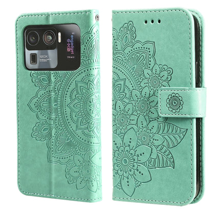 Mint green floral embossed PU leather phone wallet case with flip cover, strap, and camera cutout