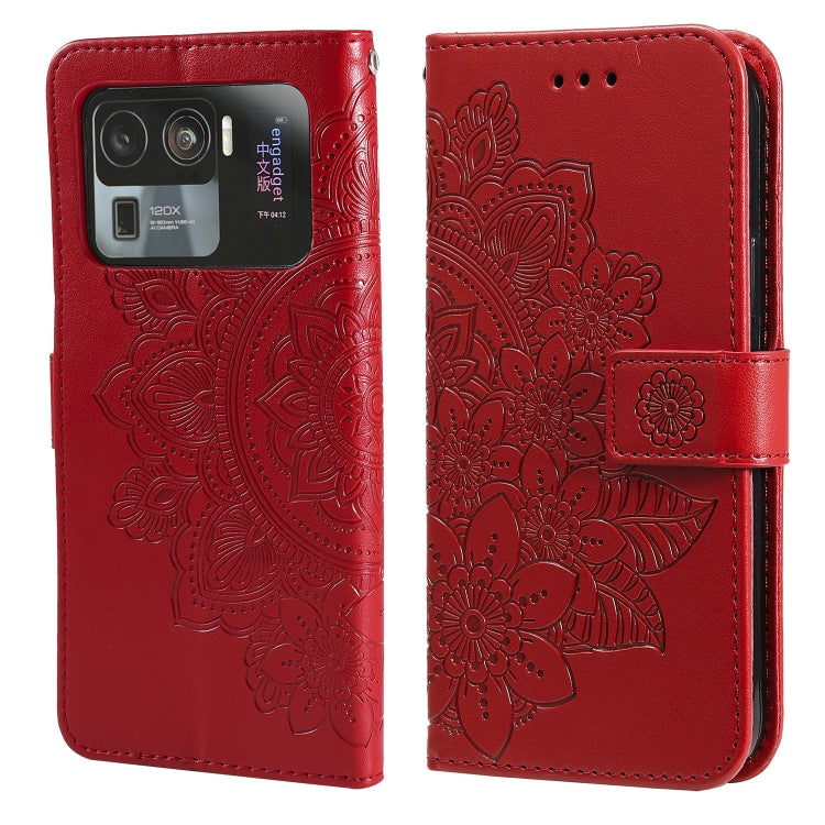 Embossed floral PU leather phone case with flip cover and card slots, red