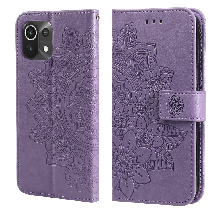 Light purple PU leather flip phone case, embossed 7-petal floral pattern, card slots
