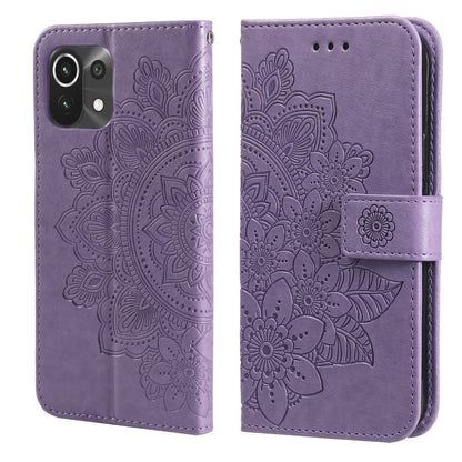 Light purple PU leather flip phone case, embossed 7-petal floral pattern, card slots