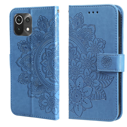 Blue PU leather flip phone case with embossed floral pattern and side card-slot window