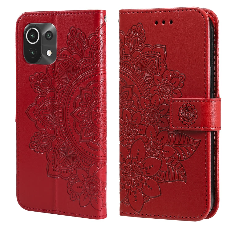 Embossed floral PU leather phone case with flip cover and card slots, red
