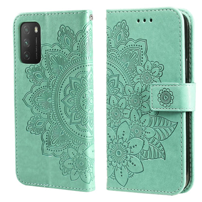 Mint green floral-embossed flip phone wallet case with card slots and side strap