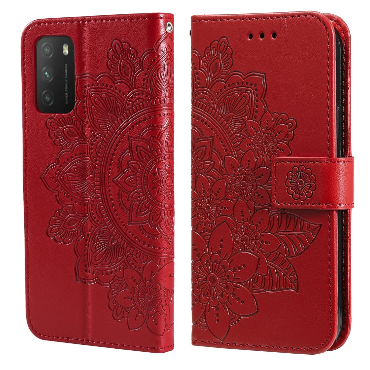 Embossed floral PU leather phone case with flip cover and card slots, red