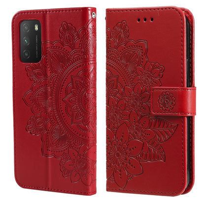 Embossed floral PU leather phone case with flip cover and card slots, red