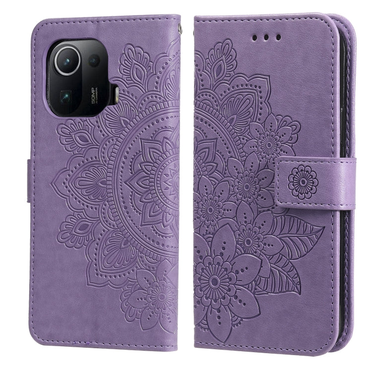 Purple PU leather phone wallet case with embossed 7-petal flower flip cover.