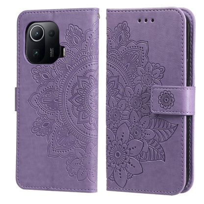 Purple PU leather phone wallet case with embossed 7-petal flower flip cover.