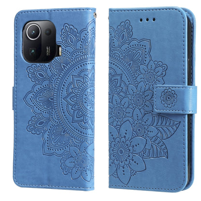 Blue PU leather phone wallet case, embossed 7-petal flower flip cover.