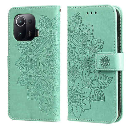 Green PU leather phone wallet case with embossed 7-petal flower flip cover.