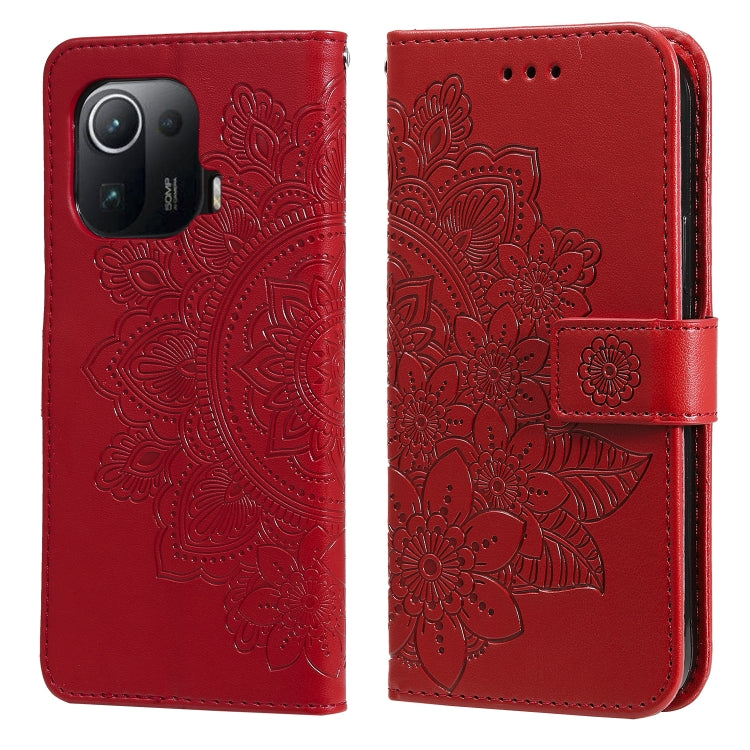 Red PU leather phone wallet case, embossed 7-petal flower flip cover.