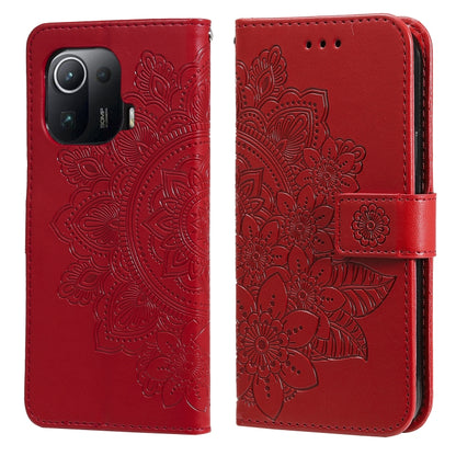 Red PU leather phone wallet case, embossed 7-petal flower flip cover.
