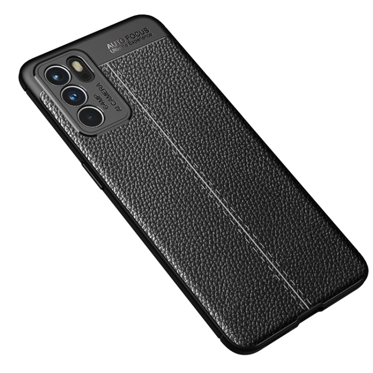 Black litchi-texture TPU case, diagonal view, protects camera area and edges