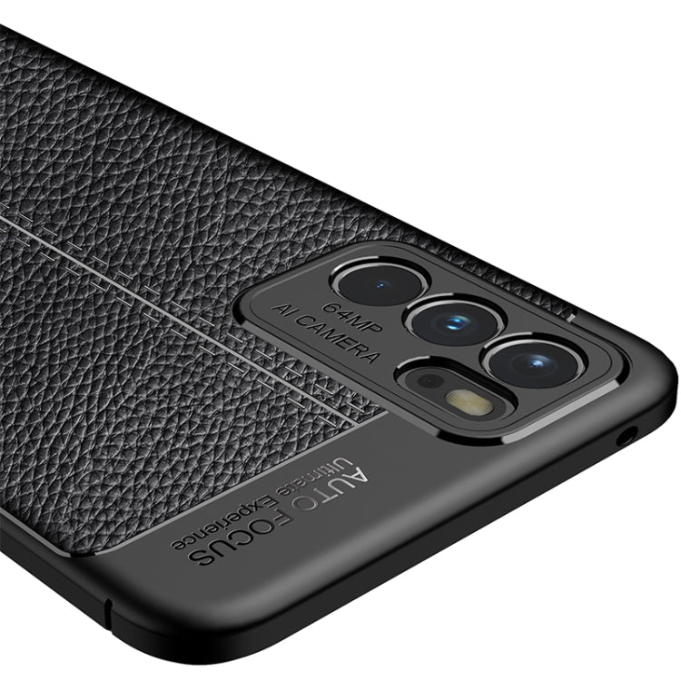 Black litchi-texture TPU case detail with camera module cutout and speaker openings