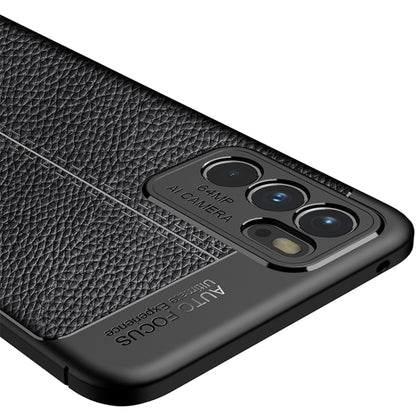 Black litchi-texture TPU case detail with camera module cutout and speaker openings