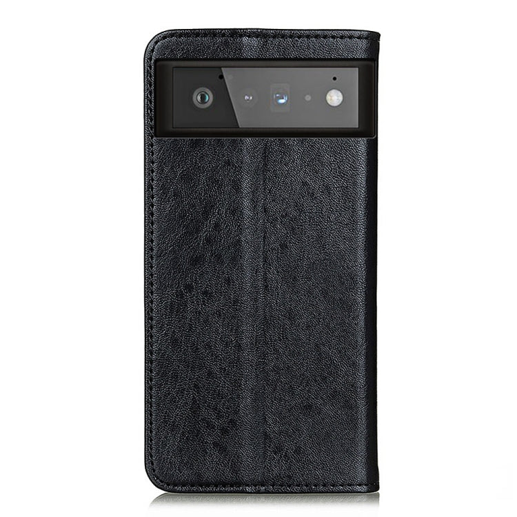 Black textured leather flip phone case with camera cutout and magnetic closure for Pixel 6
