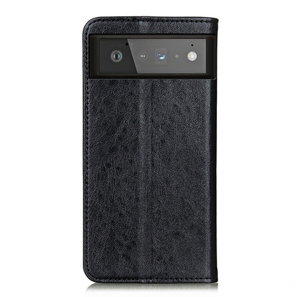 Black textured leather flip phone case with camera cutout and magnetic closure for Pixel 6