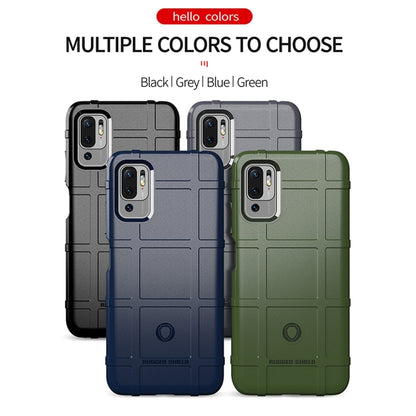 Rugged shockproof TPU phone cases in black, grey, blue, and green, front and back views.