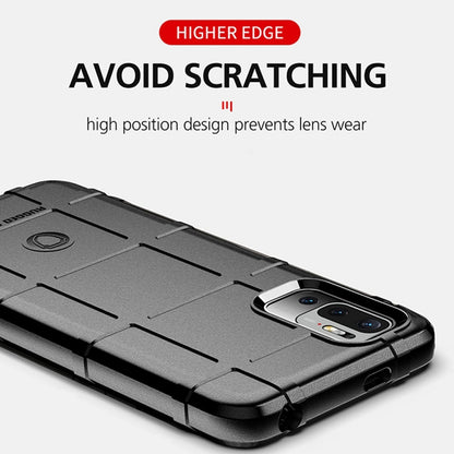 Black rugged shockproof TPU phone case with raised edge for screen and lens protection.