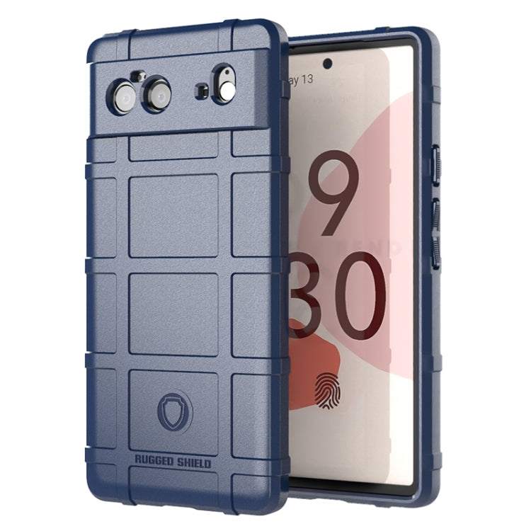 Shockproof TPU phone case with rugged shield pattern, blue, camera cutouts
