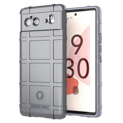 Shockproof TPU phone case with rugged shield pattern, grey, camera cutouts