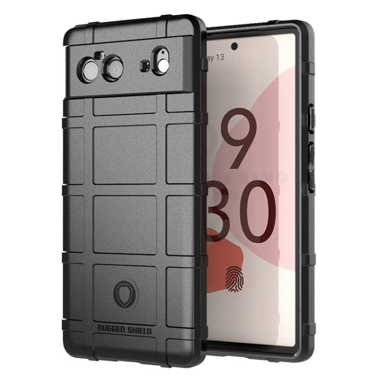 Shockproof TPU phone case with rugged shield pattern, black, camera cutouts