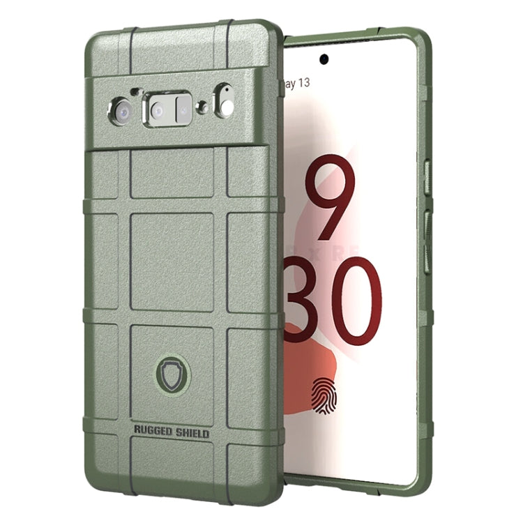 Shockproof TPU phone case with rugged shield pattern, green, raised edges