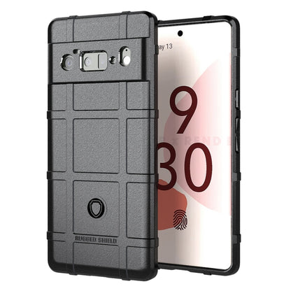 Shockproof TPU phone case with rugged shield pattern, black, raised edges