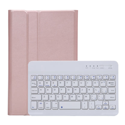 Rose gold folio tablet case with attached Bluetooth keyboard and elastic band holder
