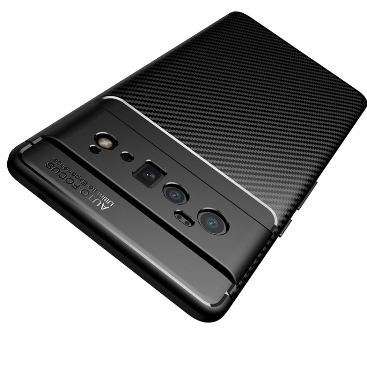 Black carbon fiber texture TPU phone case, back with dual camera cutouts.