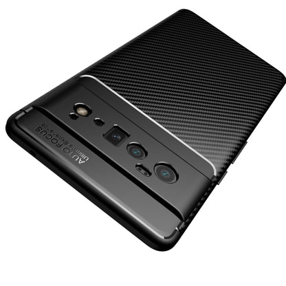 Black carbon fiber texture TPU phone case, back with dual camera cutouts.
