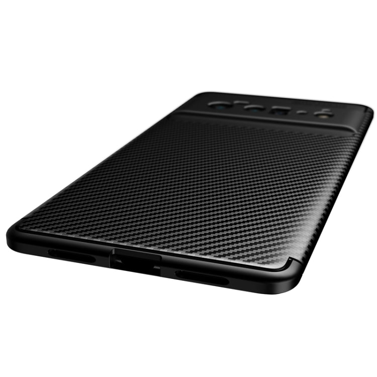Black carbon fiber texture TPU phone case with bottom speaker and port openings.