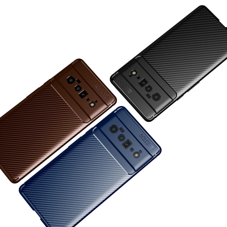 Carbon fiber texture TPU phone cases in brown, blue, and black, back views.