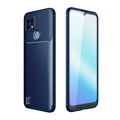 Blue carbon fiber texture TPU phone case, front and back with camera cutouts.