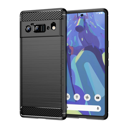 Black brushed texture TPU phone case with carbon-fiber top, back and front view