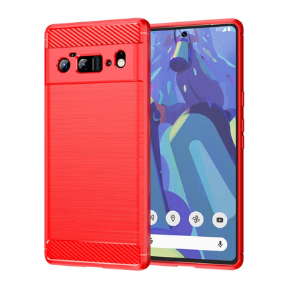 Red brushed TPU phone case with carbon-fiber pattern, back and front view