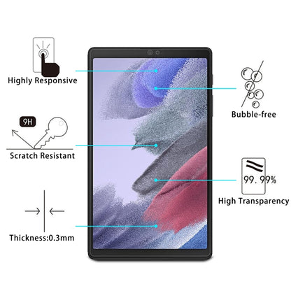 Tablet screen protector film showing bubble-free, high transparency, scratch-resistant design