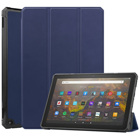 Blue 3-fold smart tablet holster case with auto sleep cover, holding a tablet